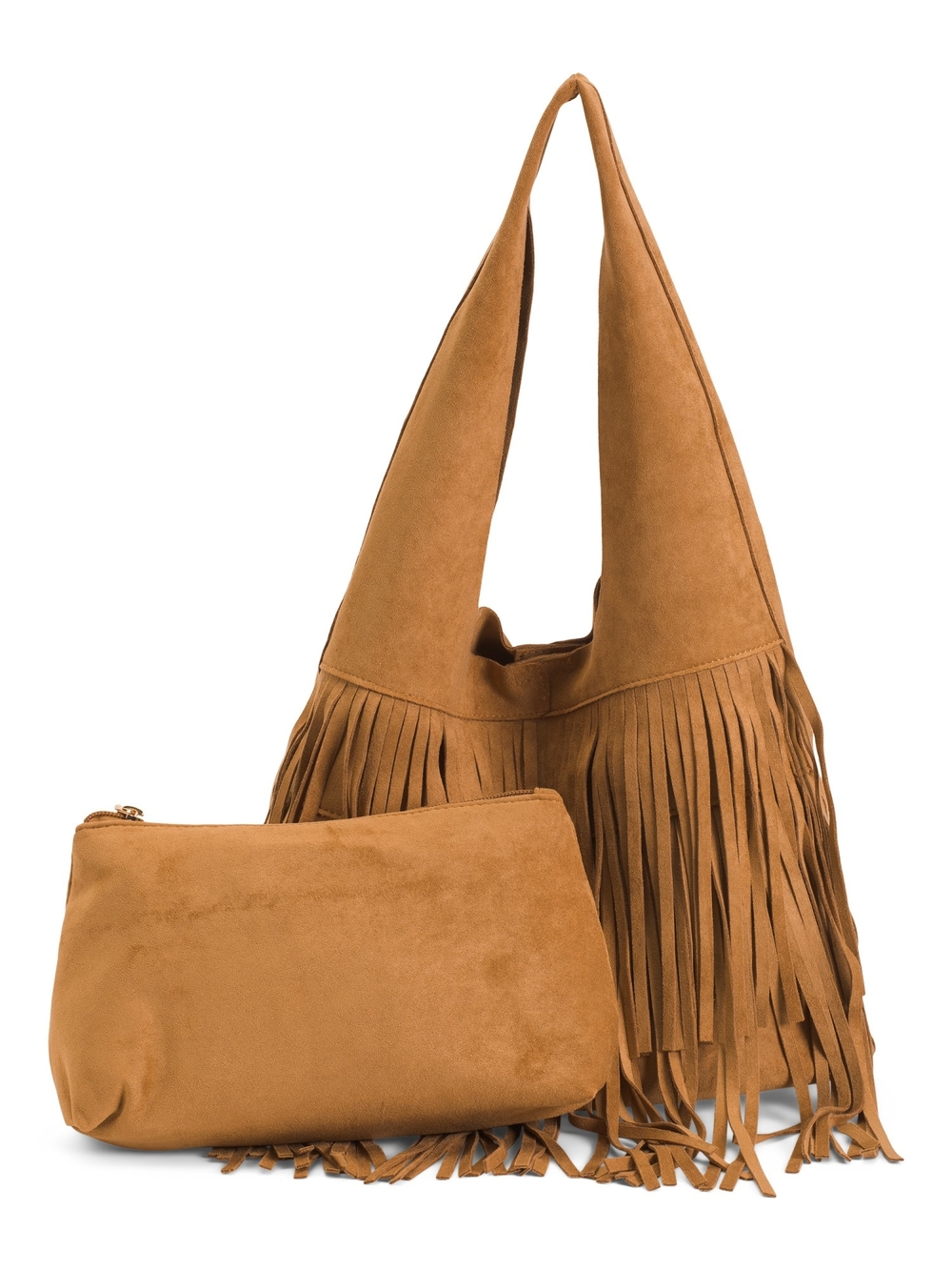 Urban Expressions Fringe Hobo Shoulder Bag with Pouch - Tan